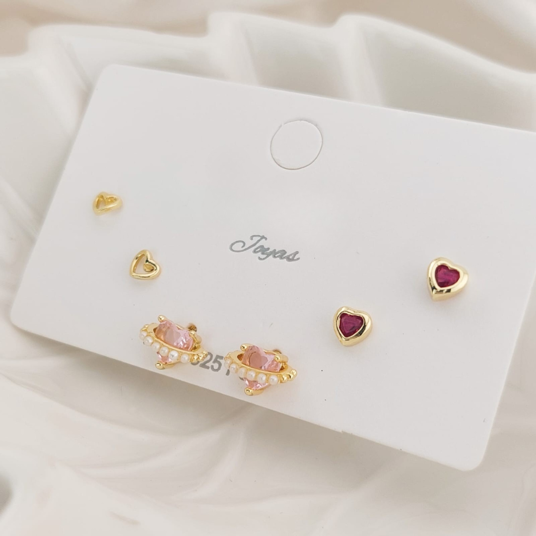 Aretes Trio Oro Laminado corazones 24966