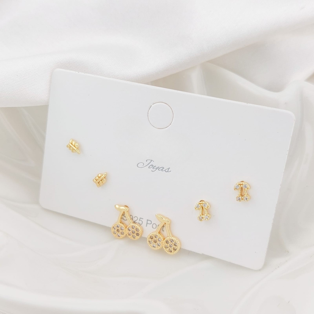 Aretes Trio Oro Laminado cerezas 24964