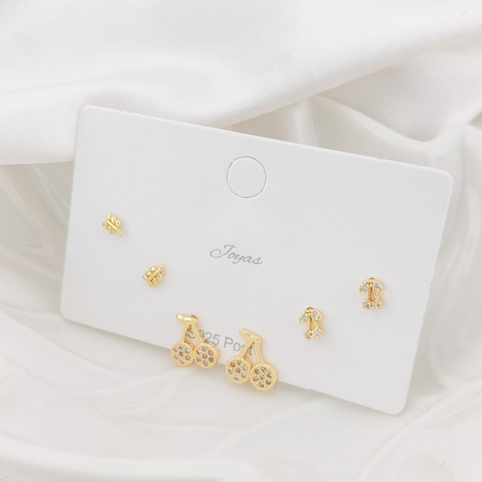 Aretes Trio Oro Laminado cerezas 24964