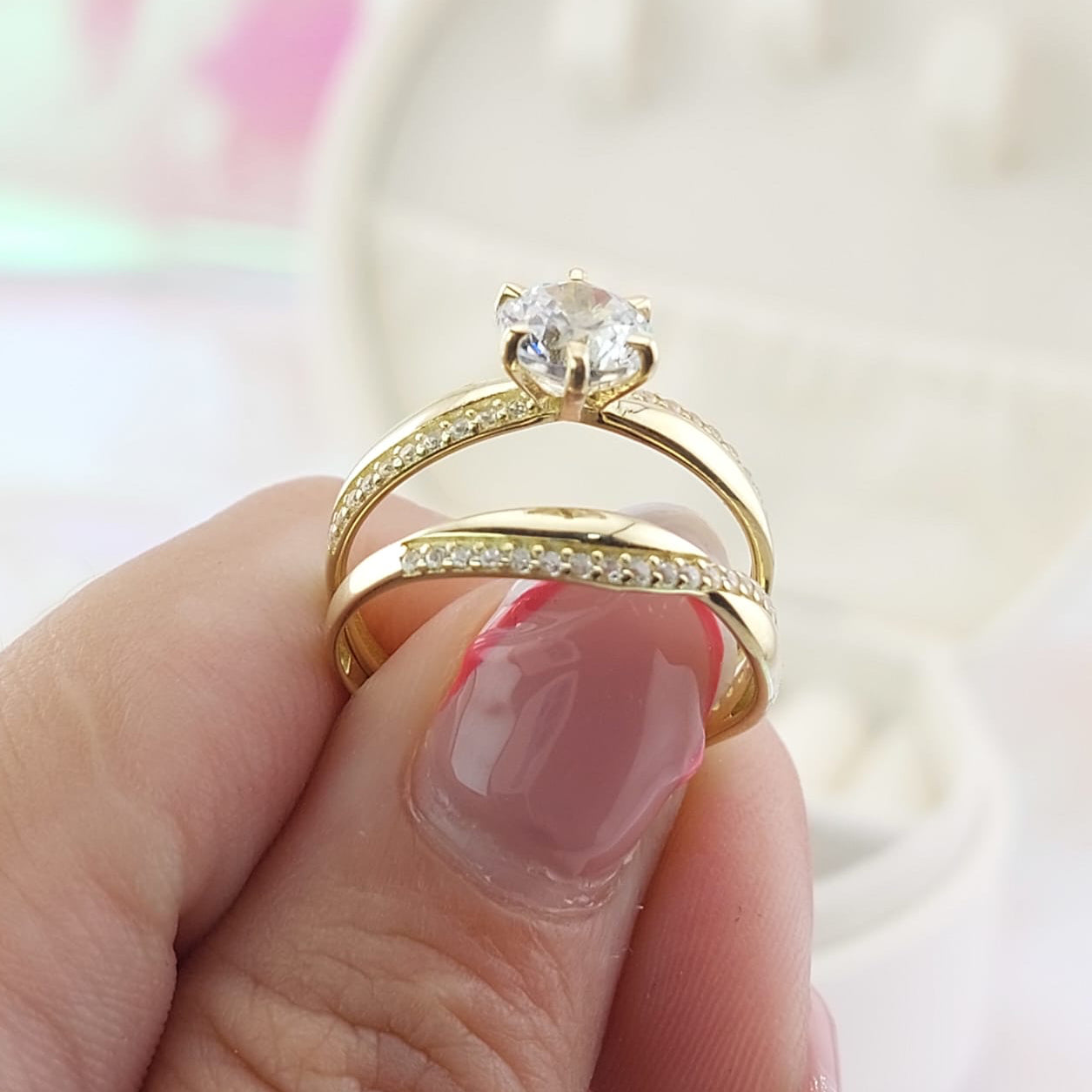 Anillos Dúo Compromiso Oro 10k CZ 6mm 27019