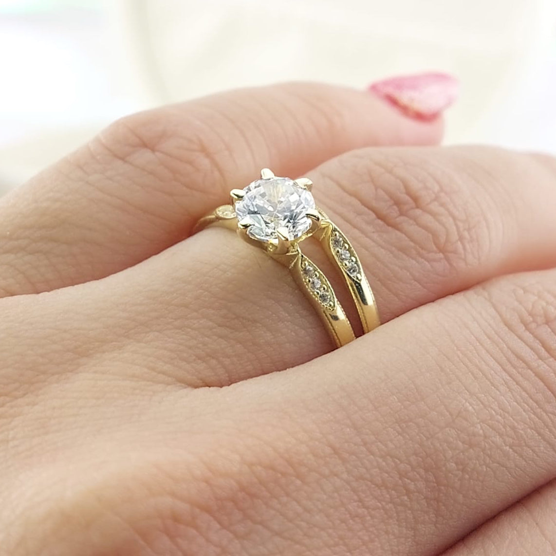 Anillos Dúo Compromiso Oro 10k CZ 6mm 27018