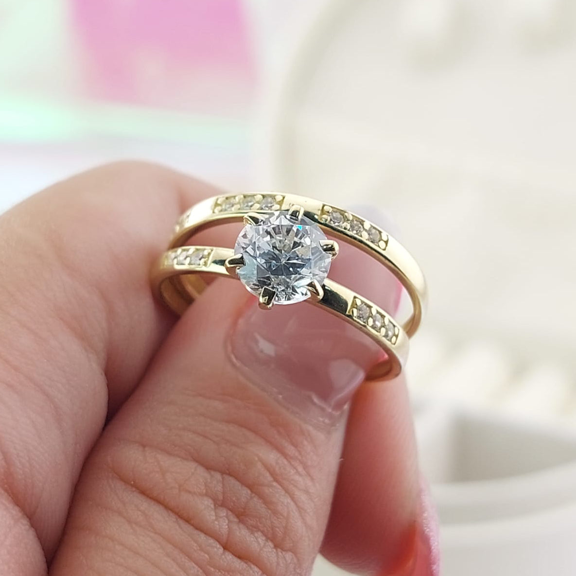 Anillos Dúo Compromiso Oro 10k CZ 6mm 27015