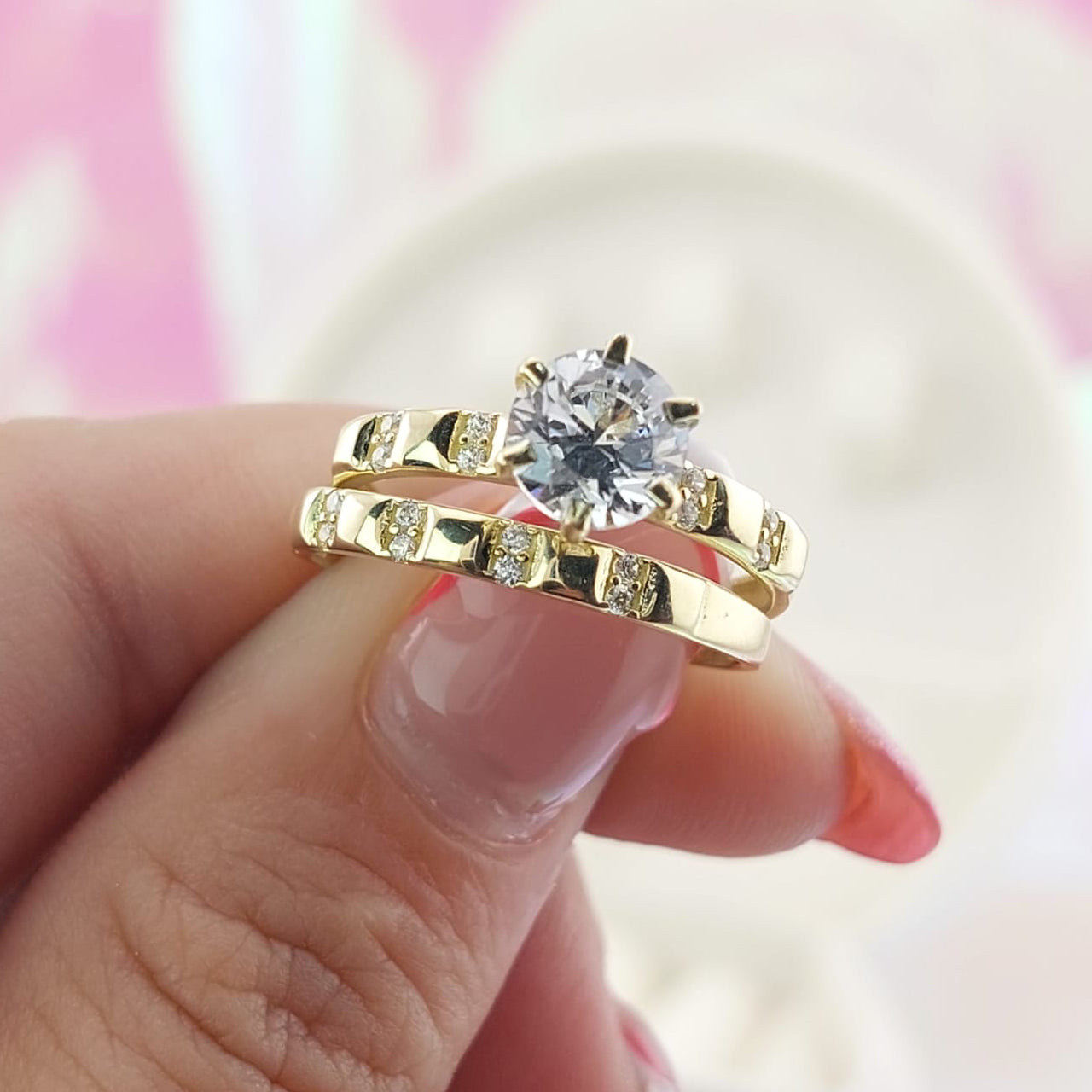Anillos Dúo Compromiso Oro 10k CZ 6mm 27023