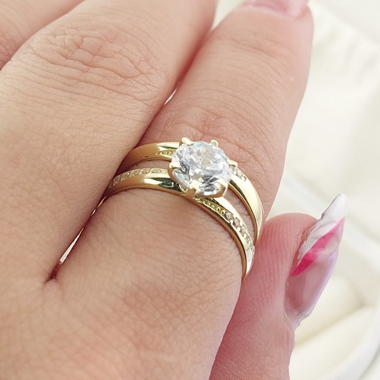 Anillos Dúo Compromiso Oro 10k CZ 6mm 27017