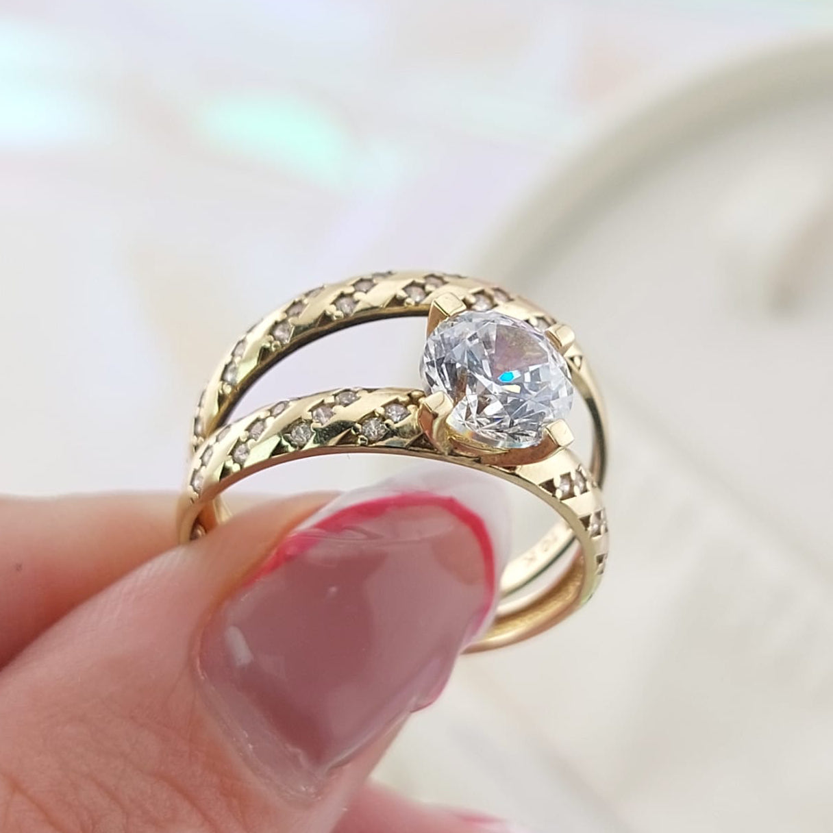Anillos Dúo Compromiso Oro 10k CZ 7mm 27025