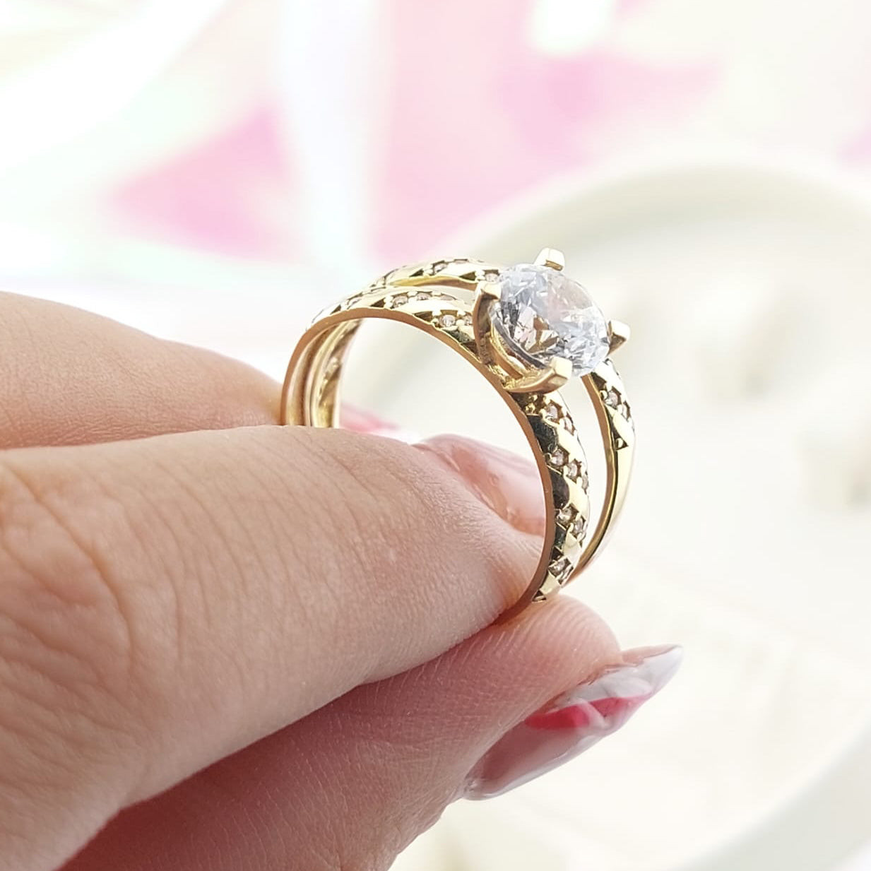 Anillos Dúo Compromiso Oro 10k CZ 7mm 27025