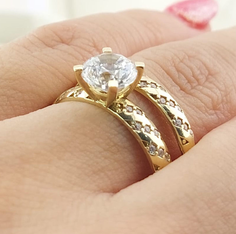 Anillos Dúo Compromiso Oro 10k CZ 7mm 27025