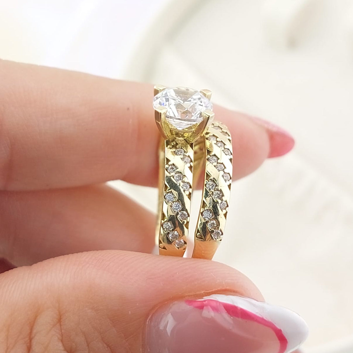 Anillos Dúo Compromiso Oro 10k CZ 7mm 27025