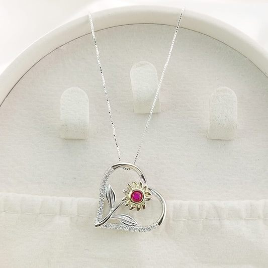 Collar 50cm Dije Corazón Girasol 20mm Plata 925 26951