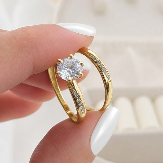 Anillos Dúo Compromiso Oro 10k CZ 6mm 27528