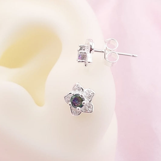Aretes Flor Chispas 8mm Tornasol Oscuro Plata 925 27664