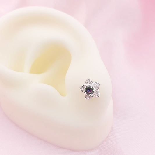 Aretes Flor Chispas 8mm Tornasol Oscuro Plata 925 27664