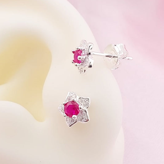 Aretes Flor Chispas 8mm Rojo Vino Plata 925 27670