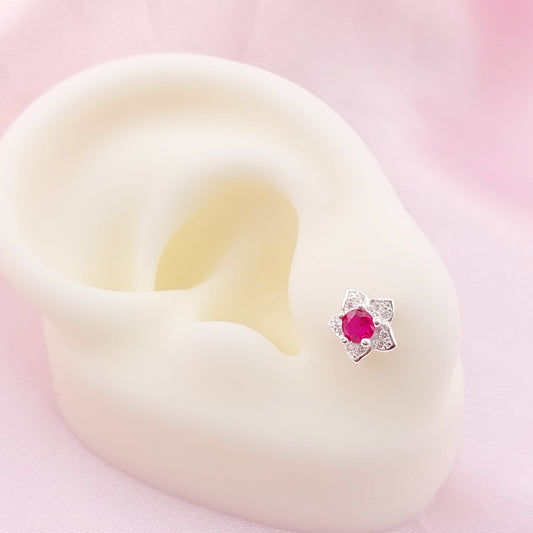 Aretes Flor Chispas 8mm Rojo Vino Plata 925 27670