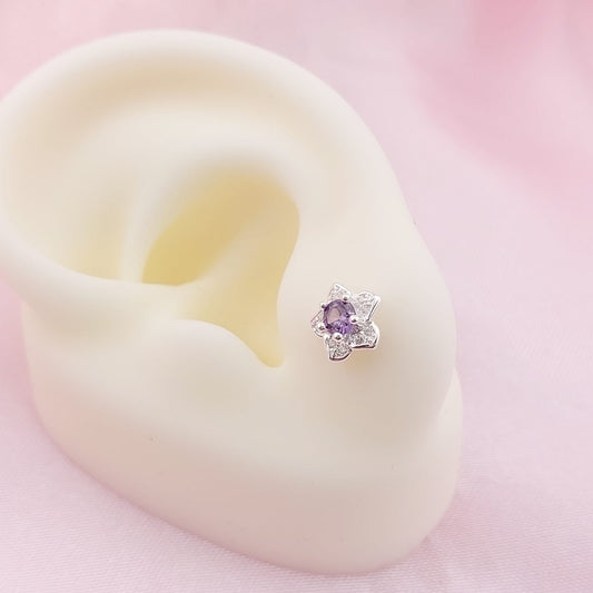 Aretes Flor Chispas 8mm Morado Plata 925 27663