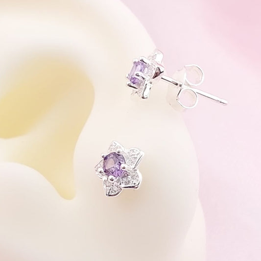 Aretes Flor Chispas 8mm Morado Plata 925 27663