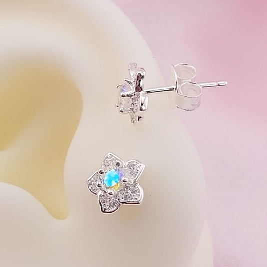 Aretes Flor Chispas 8mm Tornasol Claro Plata 925 27667