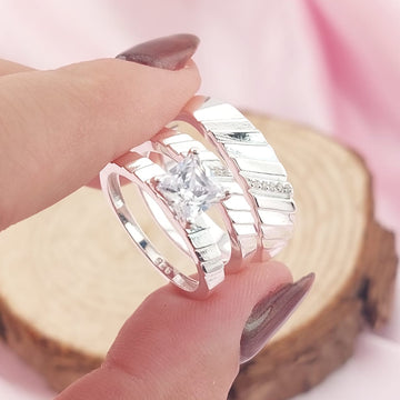 Anillos Tríos Matrimonio Plata CZ Cuadra 6x6mm 925 27752