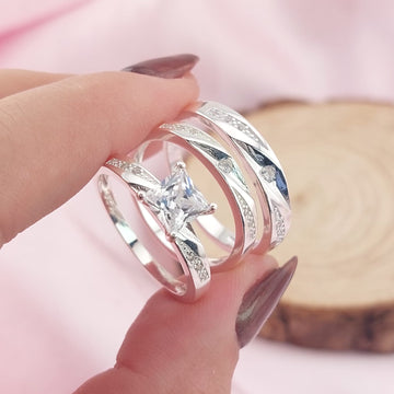 Anillos Tríos Matrimonio Plata CZ Cuadra 6x6mm 925 27751