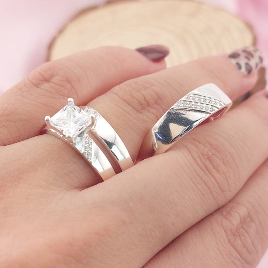 Anillos Tríos Matrimonio Plata CZ Cuadra 6x6mm 925 27754