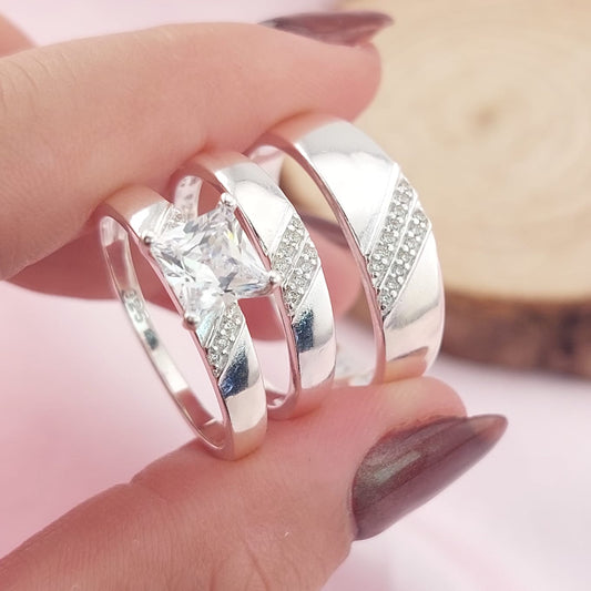 Anillos Tríos Matrimonio Plata CZ Cuadra 6x6mm 925 27754
