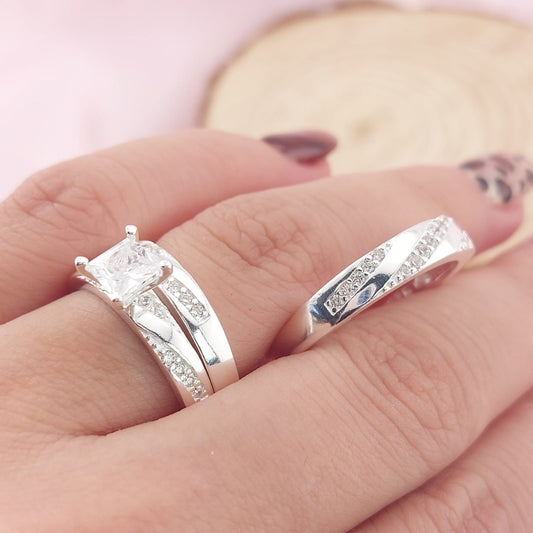 Anillos Tríos Matrimonio Plata CZ Cuadra 5mm 925 27757