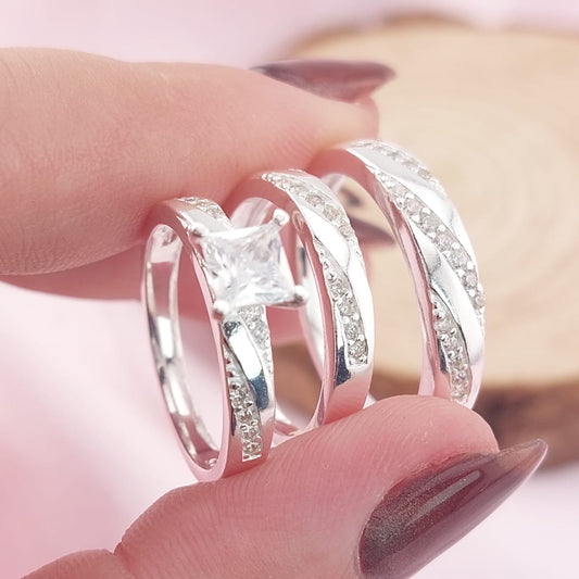Anillos Tríos Matrimonio Plata CZ Cuadra 5mm 925 27757