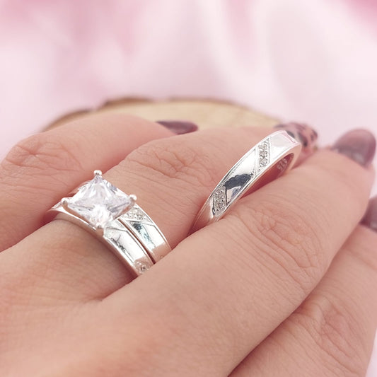 Anillos Tríos Matrimonio Plata CZ Cuadra 6mm 925 27764