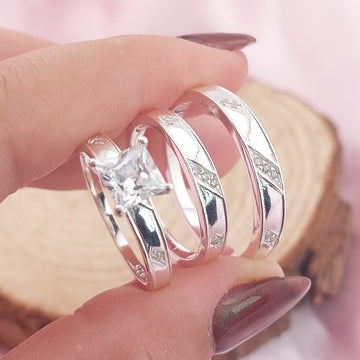 Anillos Tríos Matrimonio Plata CZ Cuadra 6mm 925 27764