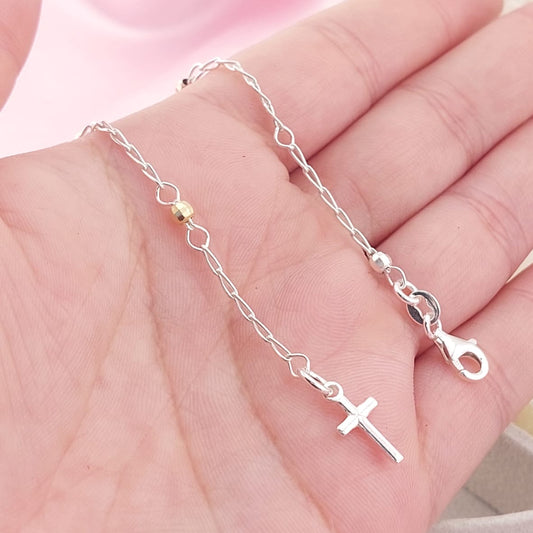 Pulsera Denario 18cm Bola Tres Tonos Diamantada 2mm Plata 925 27787