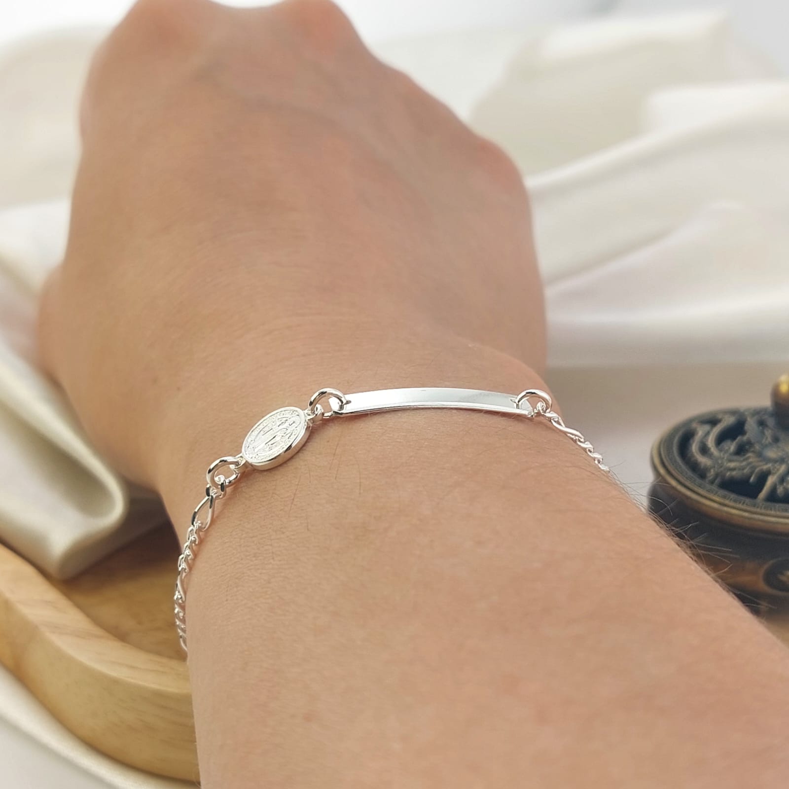 Pulsera Placa Niños 15cm San Benito Plata 925 26756