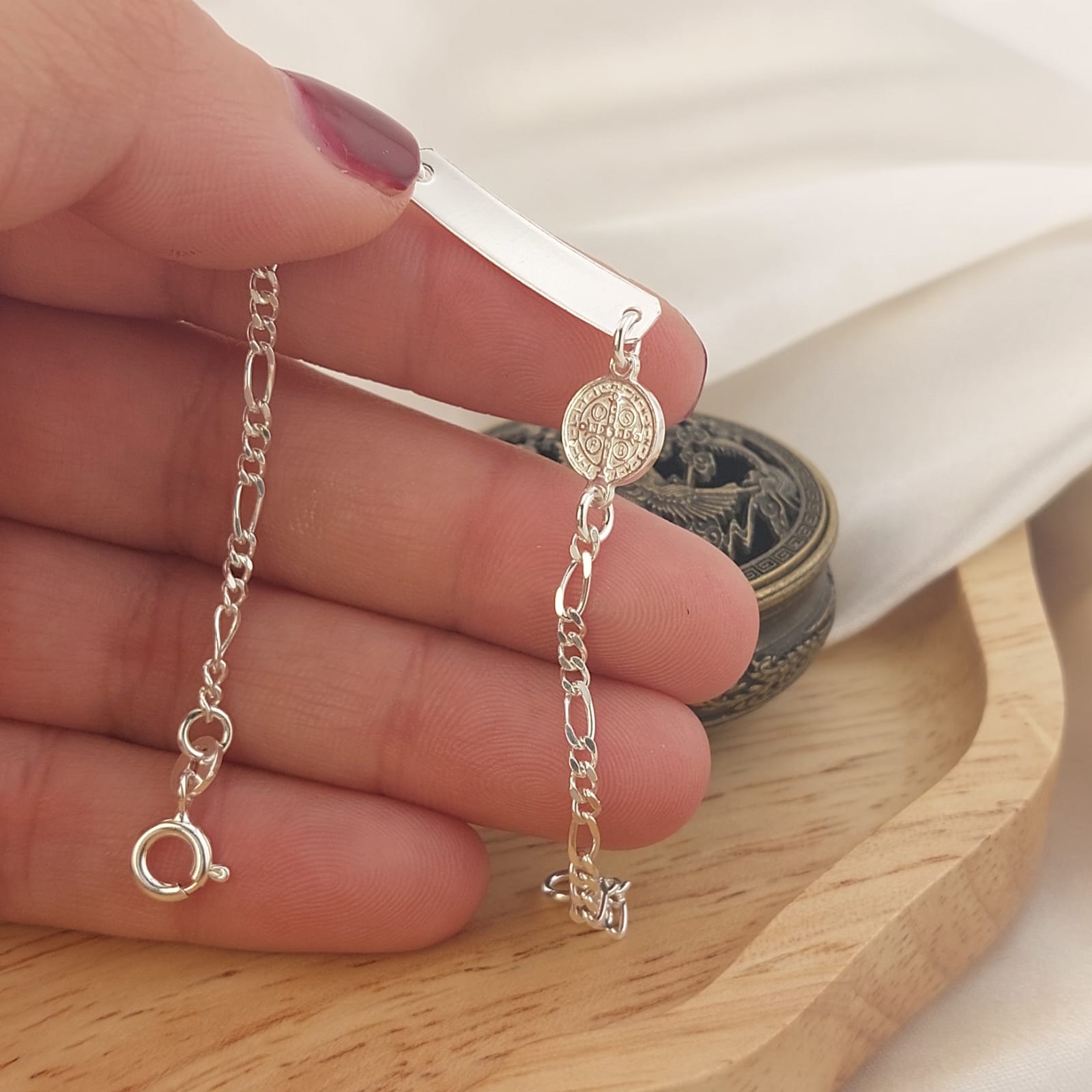 Pulsera Placa Niños 15cm San Benito Plata 925 26756
