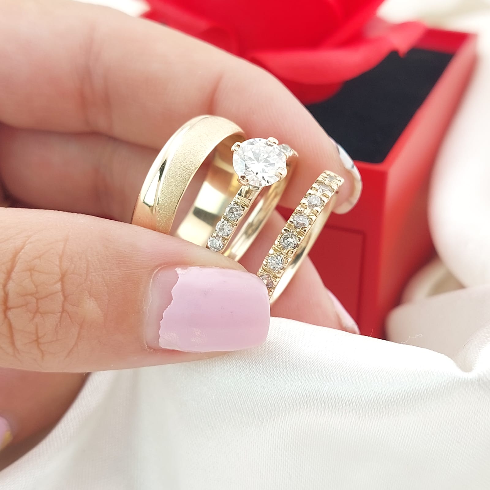 Anillos Trío Matrimonio Moissanite 6mm D Grade GRA Oro 10k 8.0g 26911