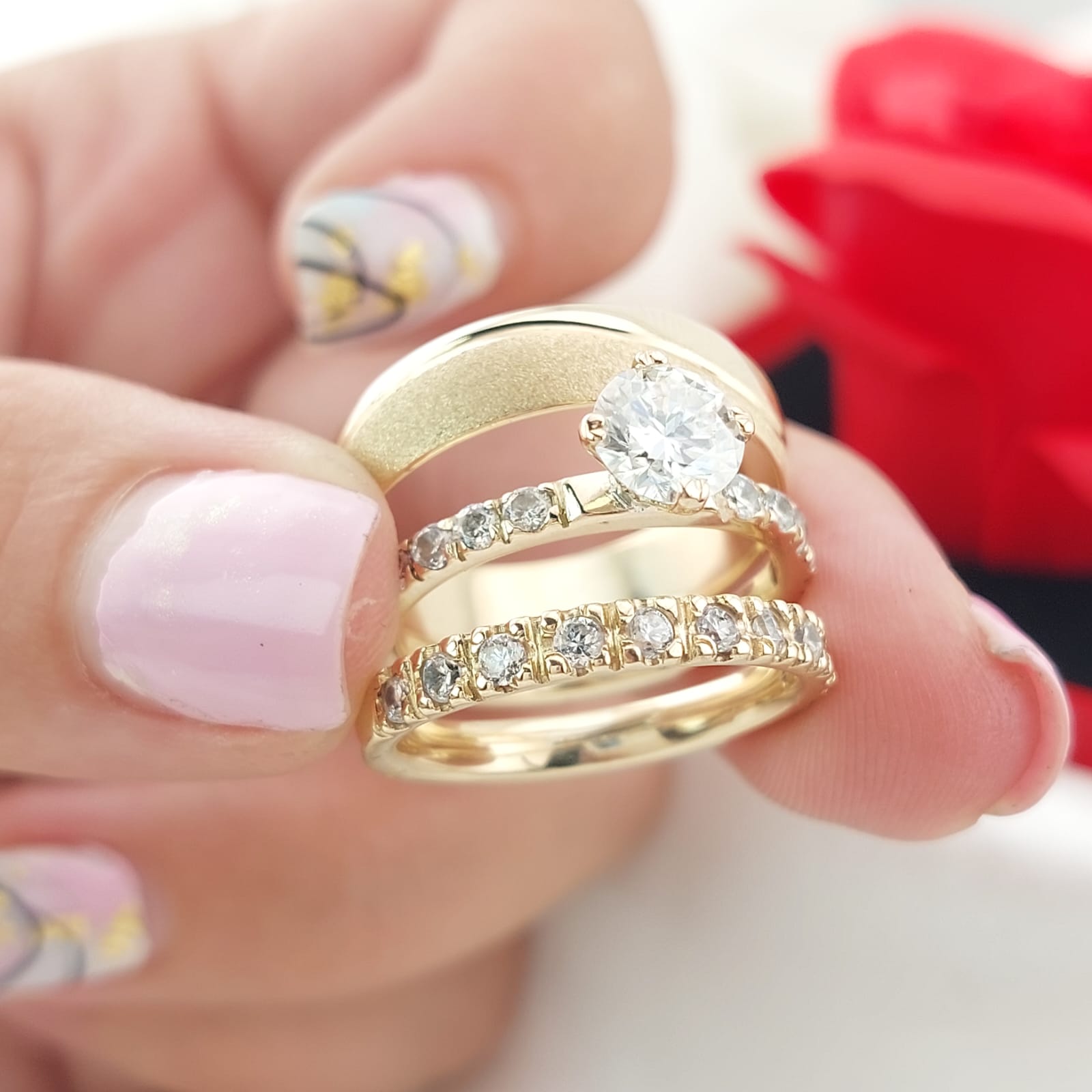 Anillos Trío Matrimonio Moissanite 6mm D Grade GRA Oro 10k 8.0g 26911