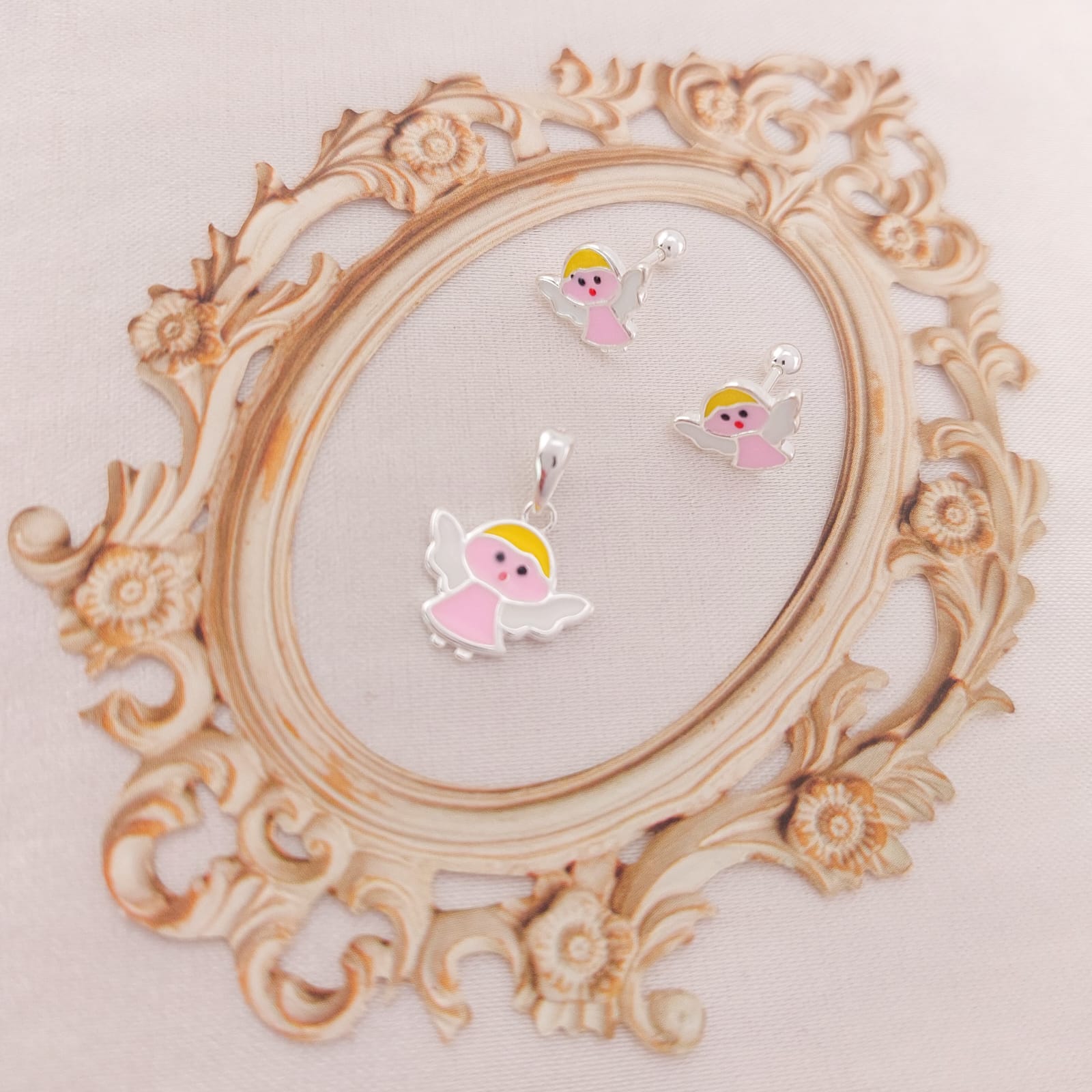 Juego Dama Nina Aretes Rosca Plata 925 25336