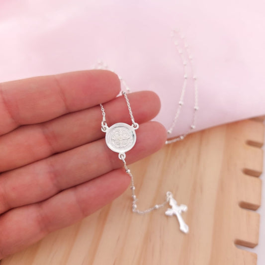 Rosario Padre Pio/ Medalla San Benito Largo 60cm Bola 2mm Plata 925 25671