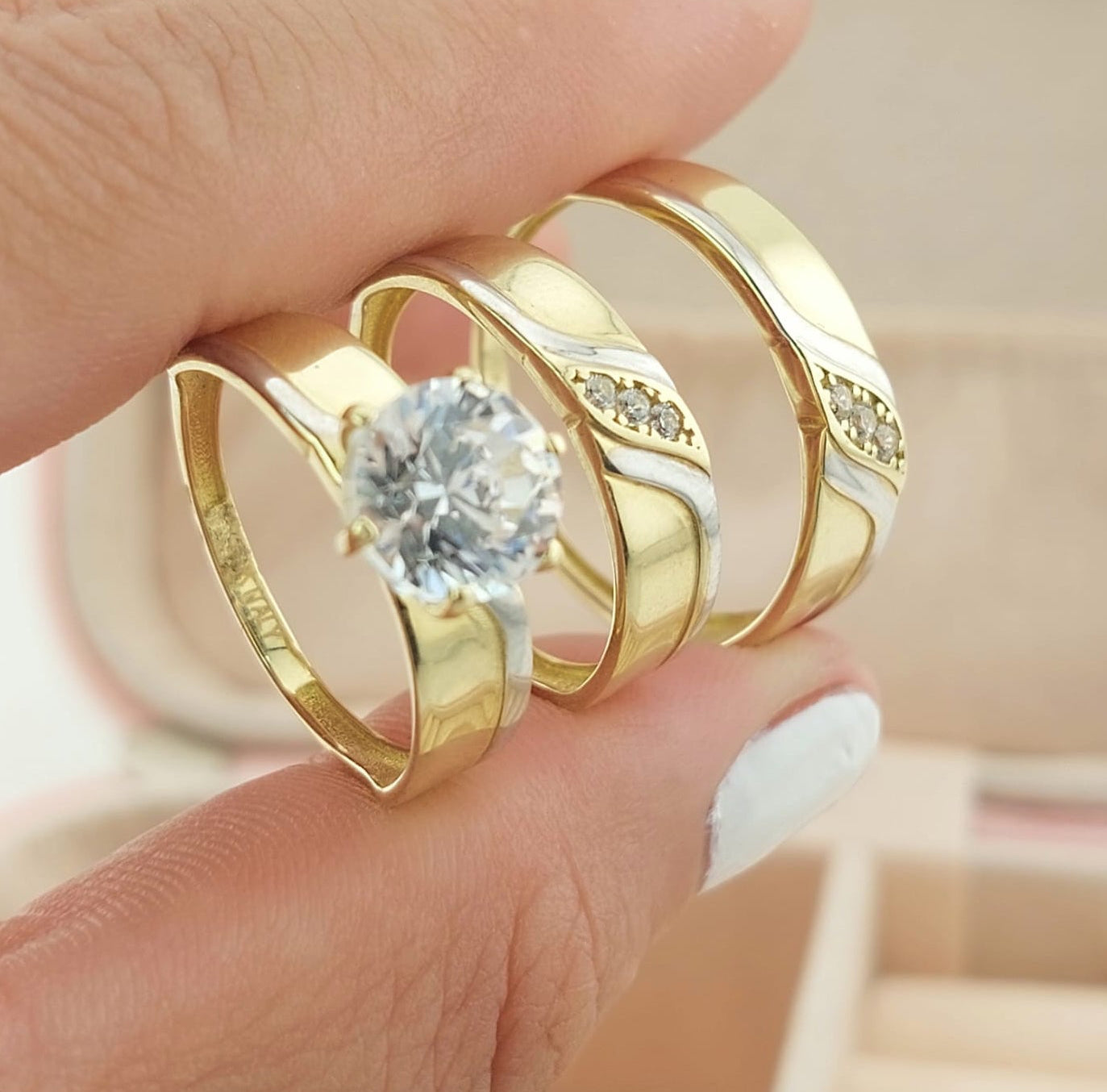 Anillos Trío Matrimonio Oro 10k Amarillo/ Blanco 6.4g 26616