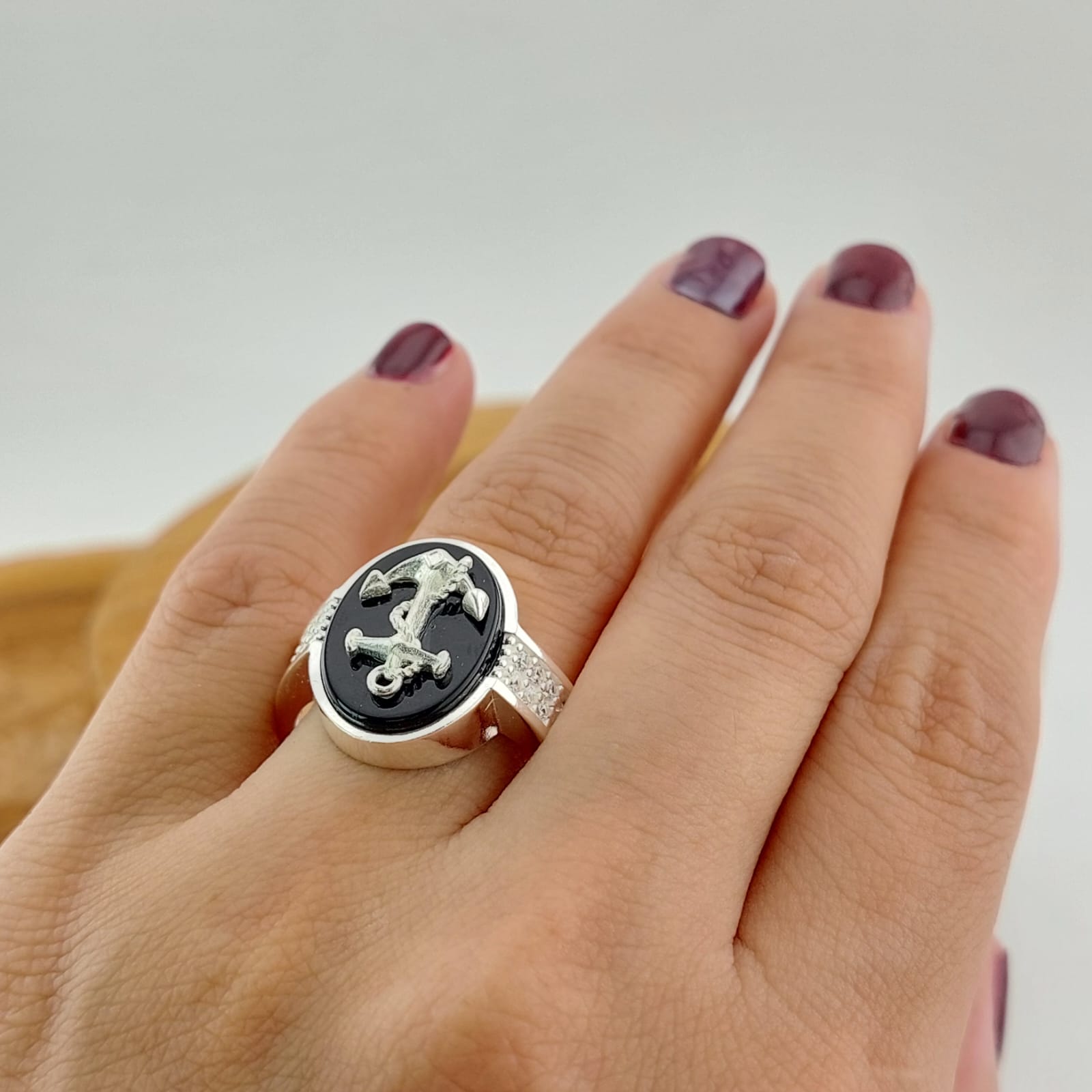 Anillo Hombre Ancla Ónix Plata 925 27189