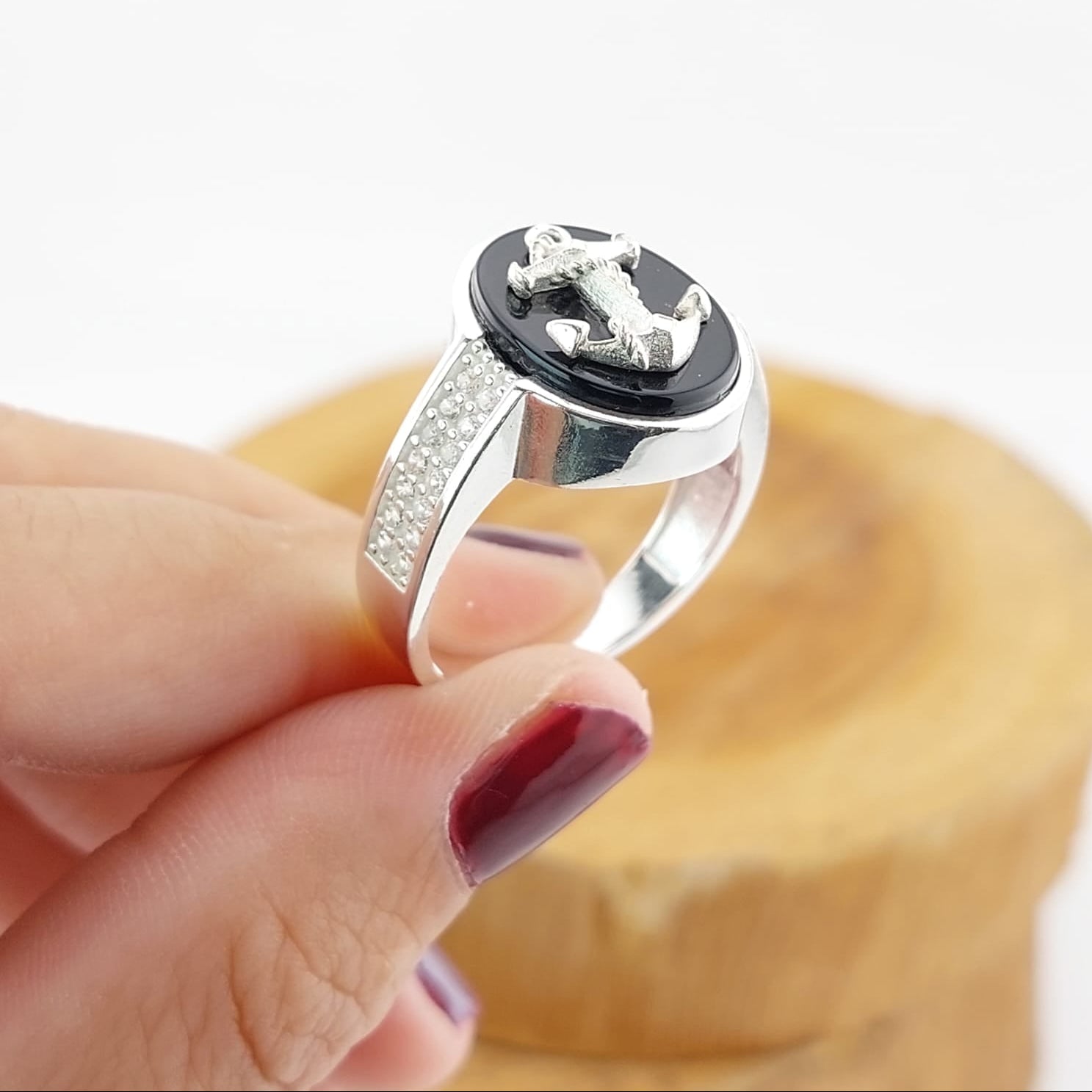 Anillo Hombre Ancla Ónix Plata 925 27189