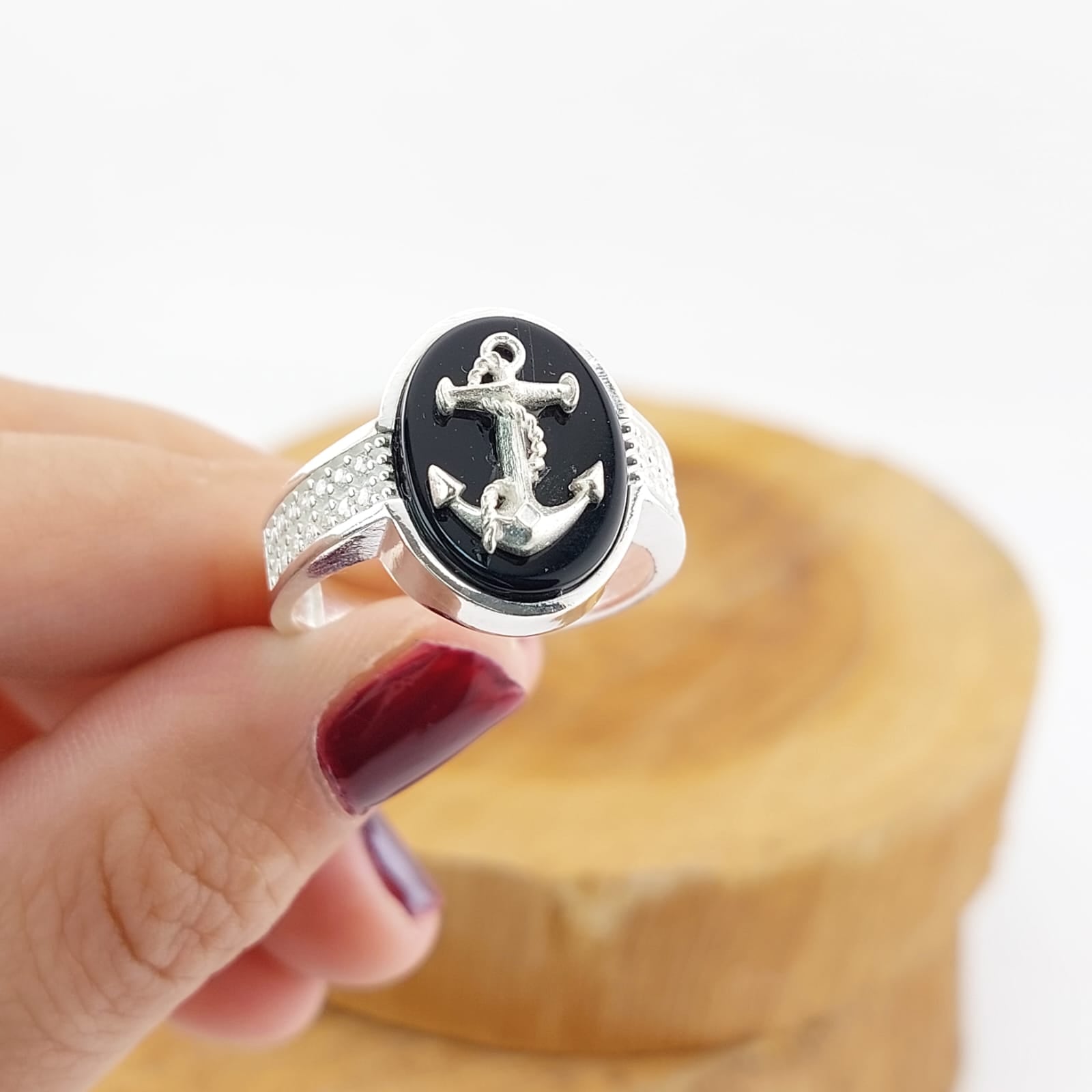 Anillo Hombre Ancla Ónix Plata 925 27189