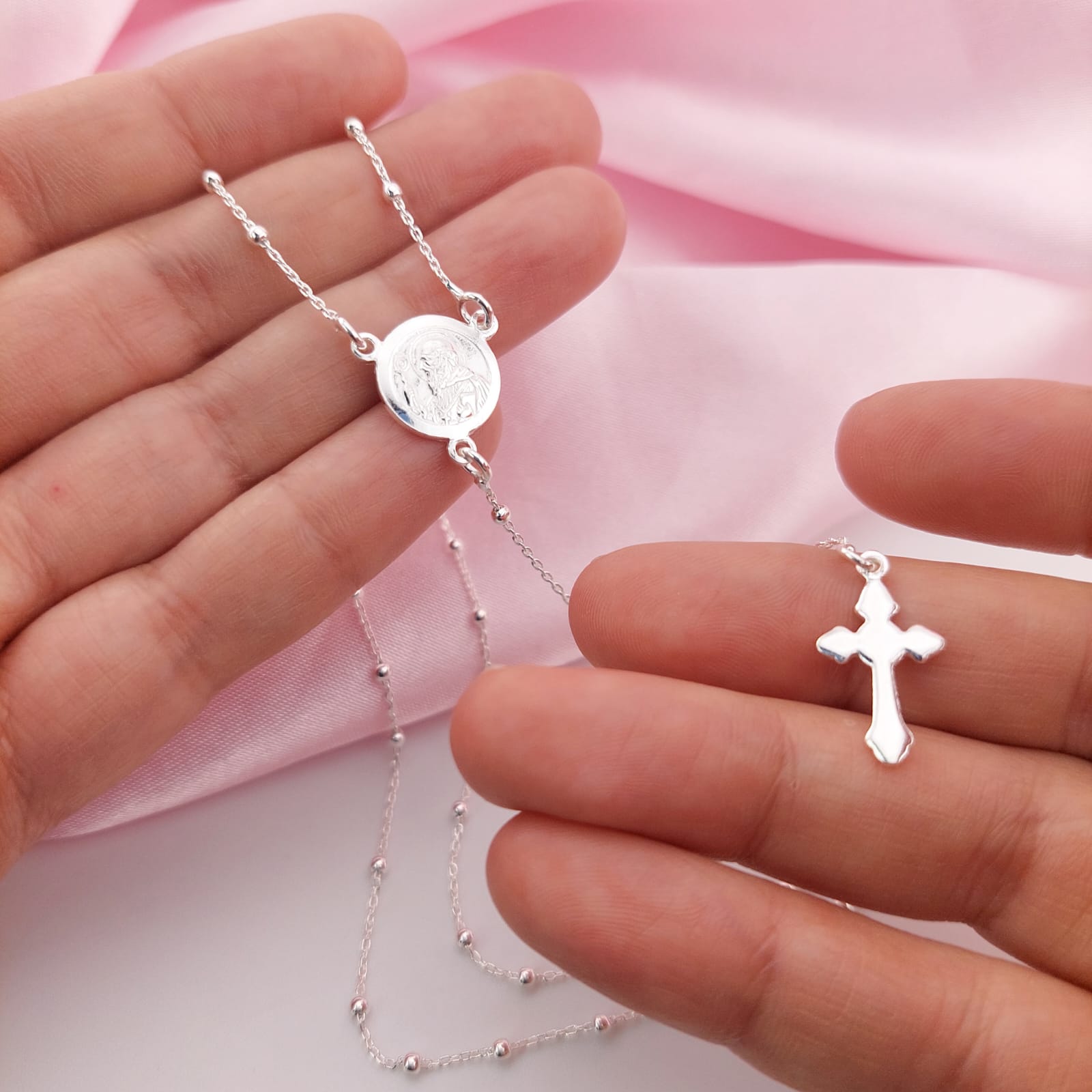 Rosario Padre Pio/ Medalla San Benito Largo 60cm Bola 2mm Plata 925 25671