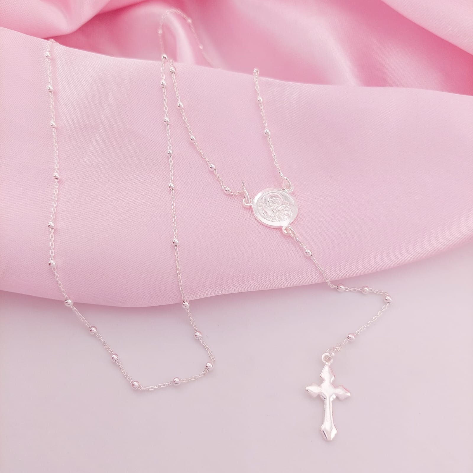 Rosario Padre Pio/ Medalla San Benito Largo 60cm Bola 2mm Plata 925 25671