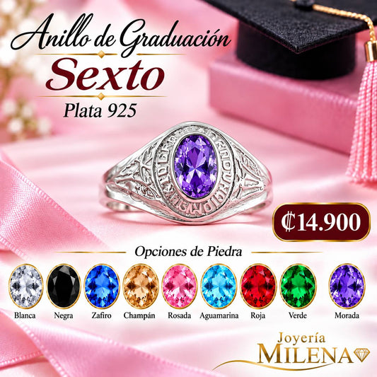 Anillo Graduación Sexto CZ Ovalo 4x6mm Plata 925 27214